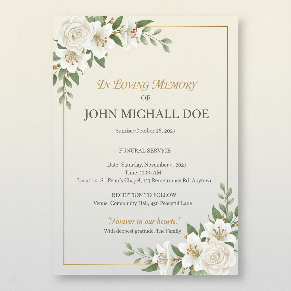 Funeral Invitation – Digital Design

A professionally designed digital funeral invitation created to share important details with family and friends.
Delivered digitally and designed to match the tone and style of the funeral programme.

generate a 1080*1080 image